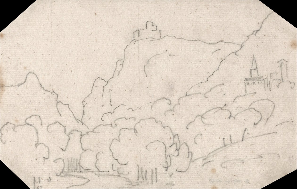 Bjergudsigt med bygninger af John Robert Cozens