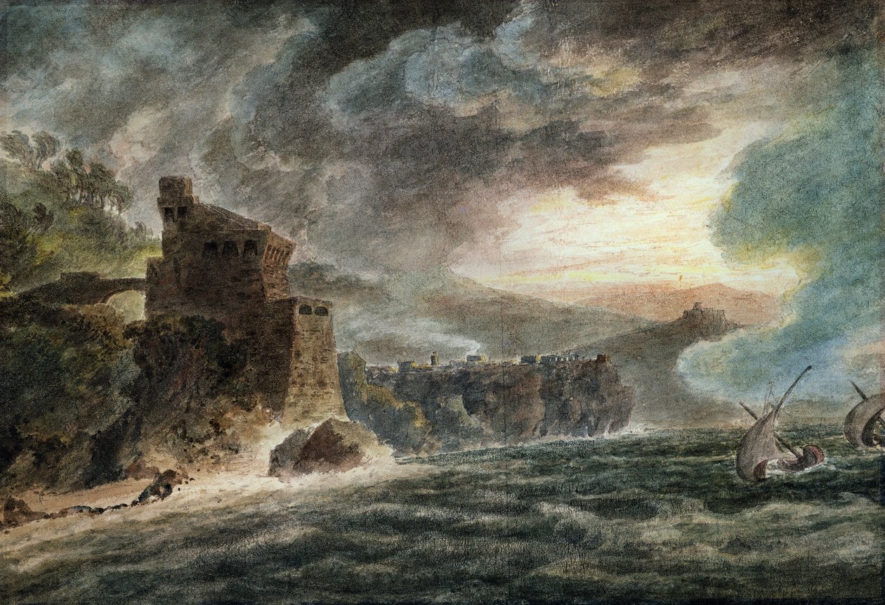 I nærheden af Cetara, med Vietri og Salerno-slottet i det fjerne af John Robert Cozens