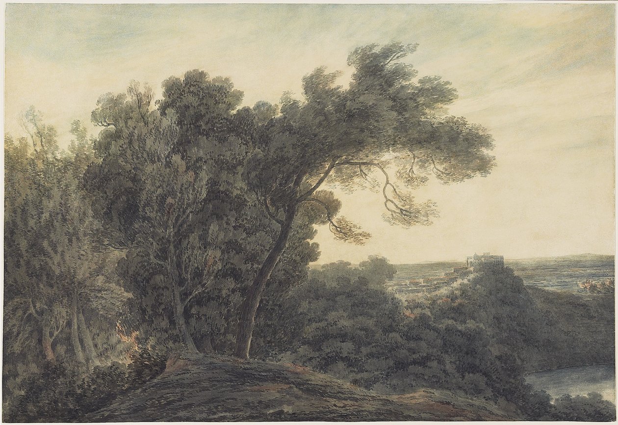 Albano-søen og Castel Gandolfo, ca. 1778 (wc over grafit på vævet papir) af John Robert Cozens