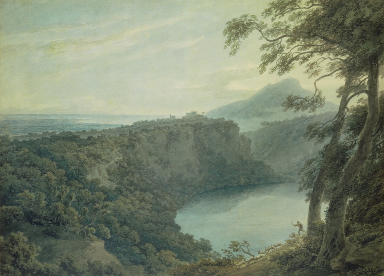 Nemi-søen og byen Genzano, 1700-tallet af John Robert Cozens