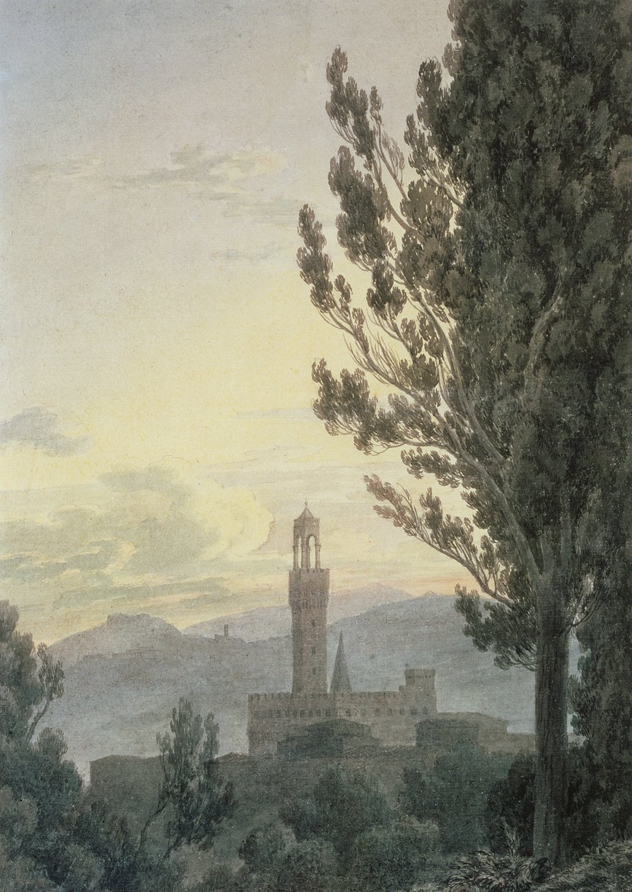 Palazzo Vecchio fra Boboli Gardens, Firenze (wc og blyant på papir) af John Robert Cozens