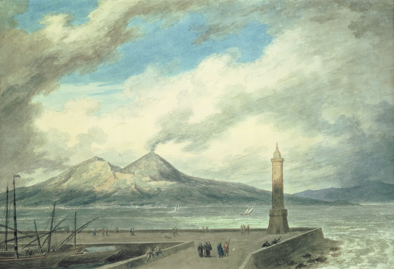 Vesuv og Somma fra Mole i Napoli, 18. århundrede (akvarel på papir) af John Robert Cozens