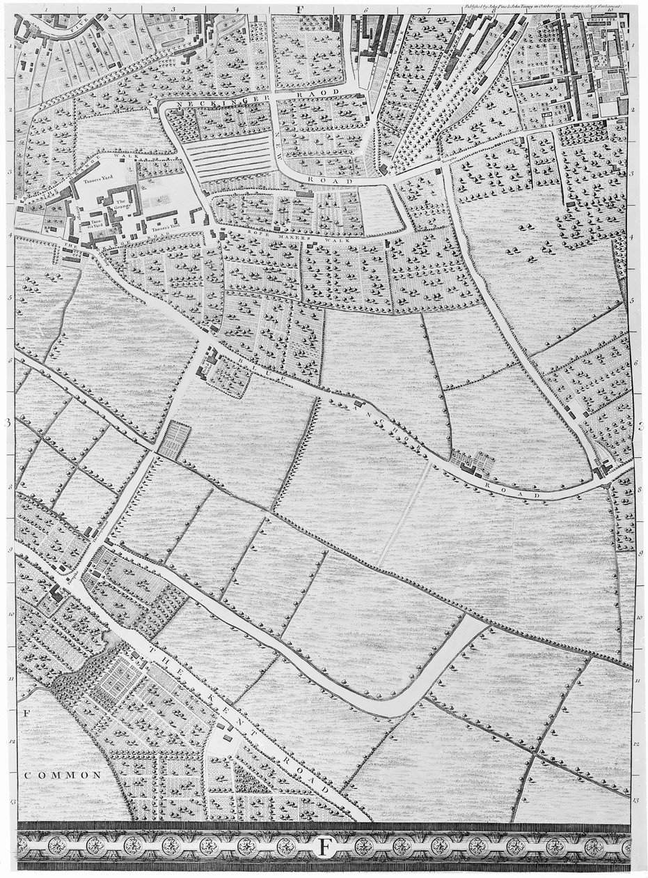Et kort over Bermondsey, London, 1746 af John Rocque