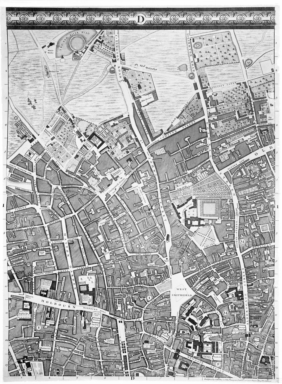 Et kort over Clerkenwell, City of London, 1746 af John Rocque