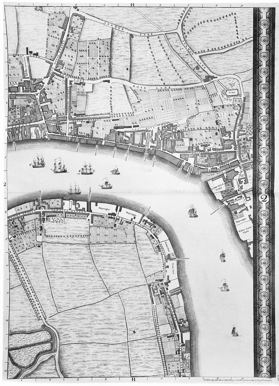 Et kort over Limehouse og Rotherhithe, London, 1746 af John Rocque