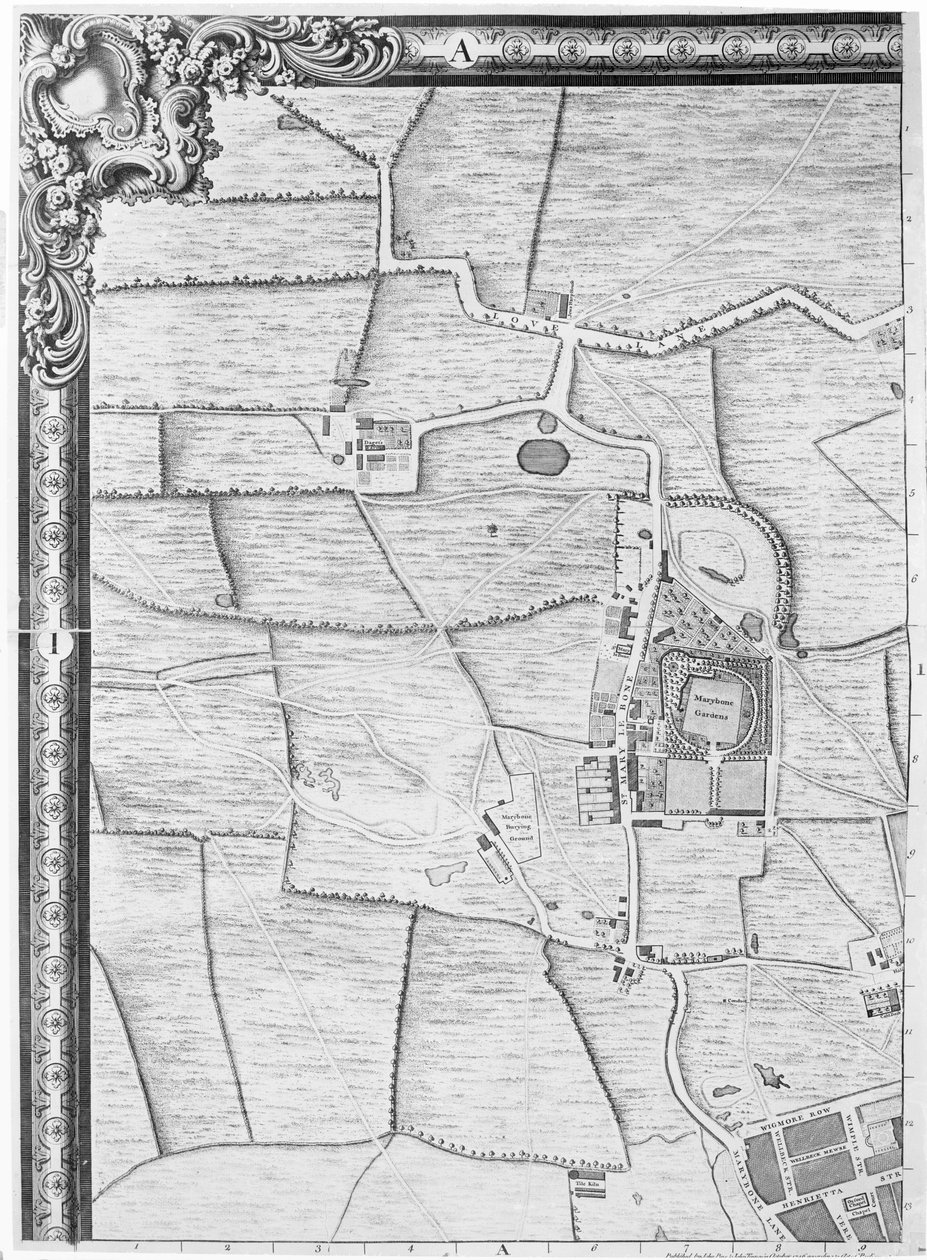 Et kort over Marylebone, London, 1746 af John Rocque