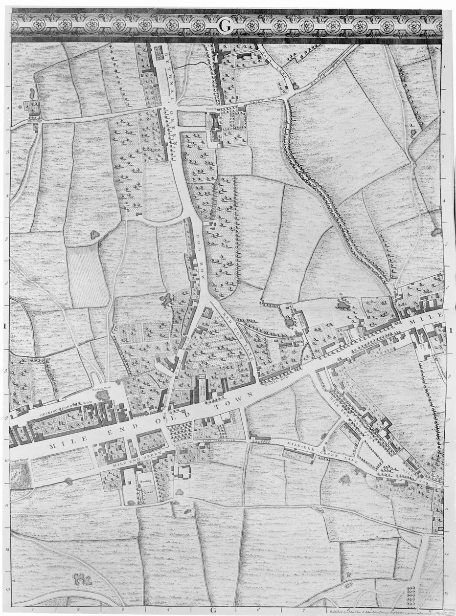 Et kort over Mile End, London, 1746 af John Rocque