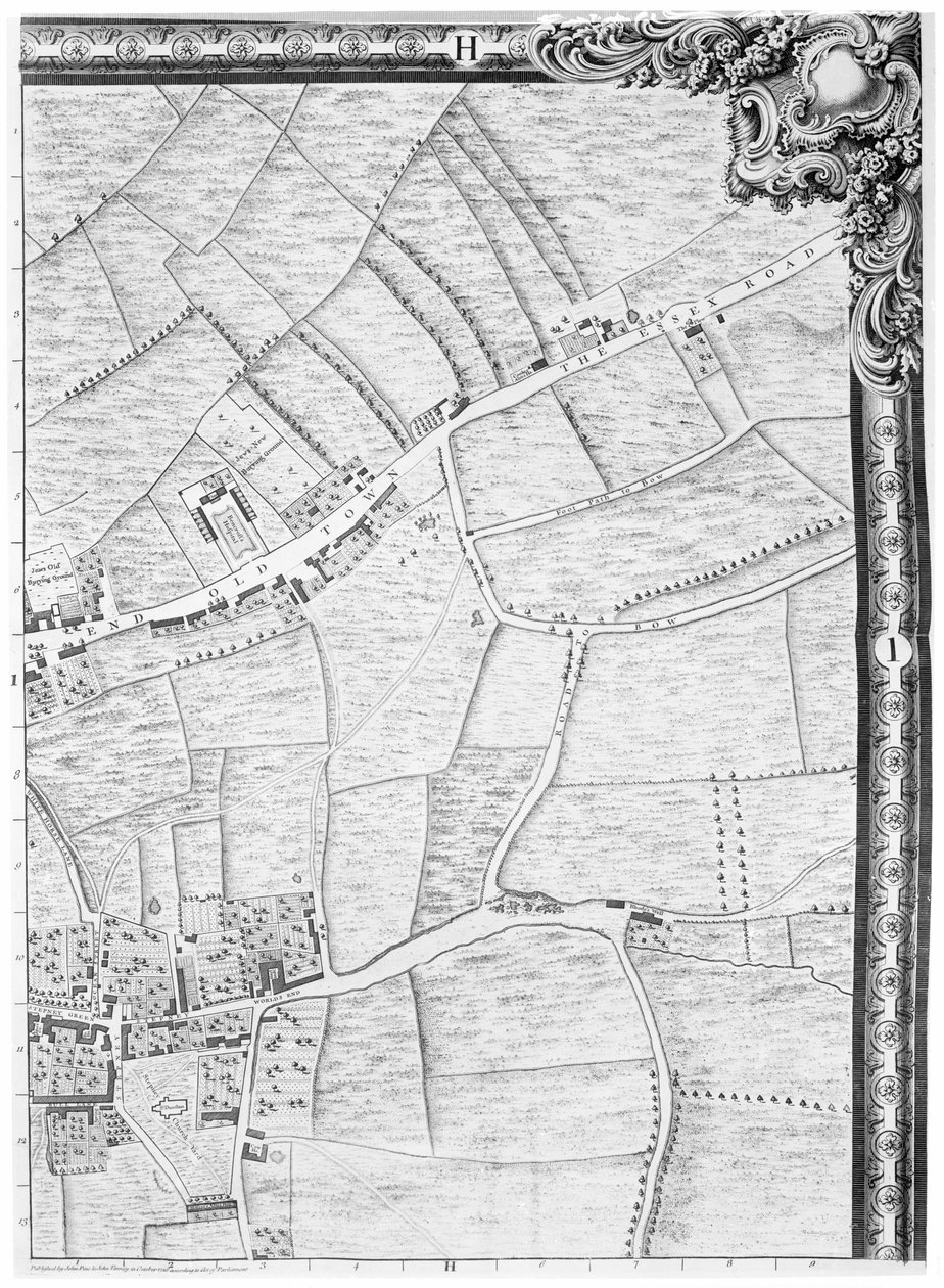 Kort over Mile End og Stepney Green, London, 1746 af John Rocque