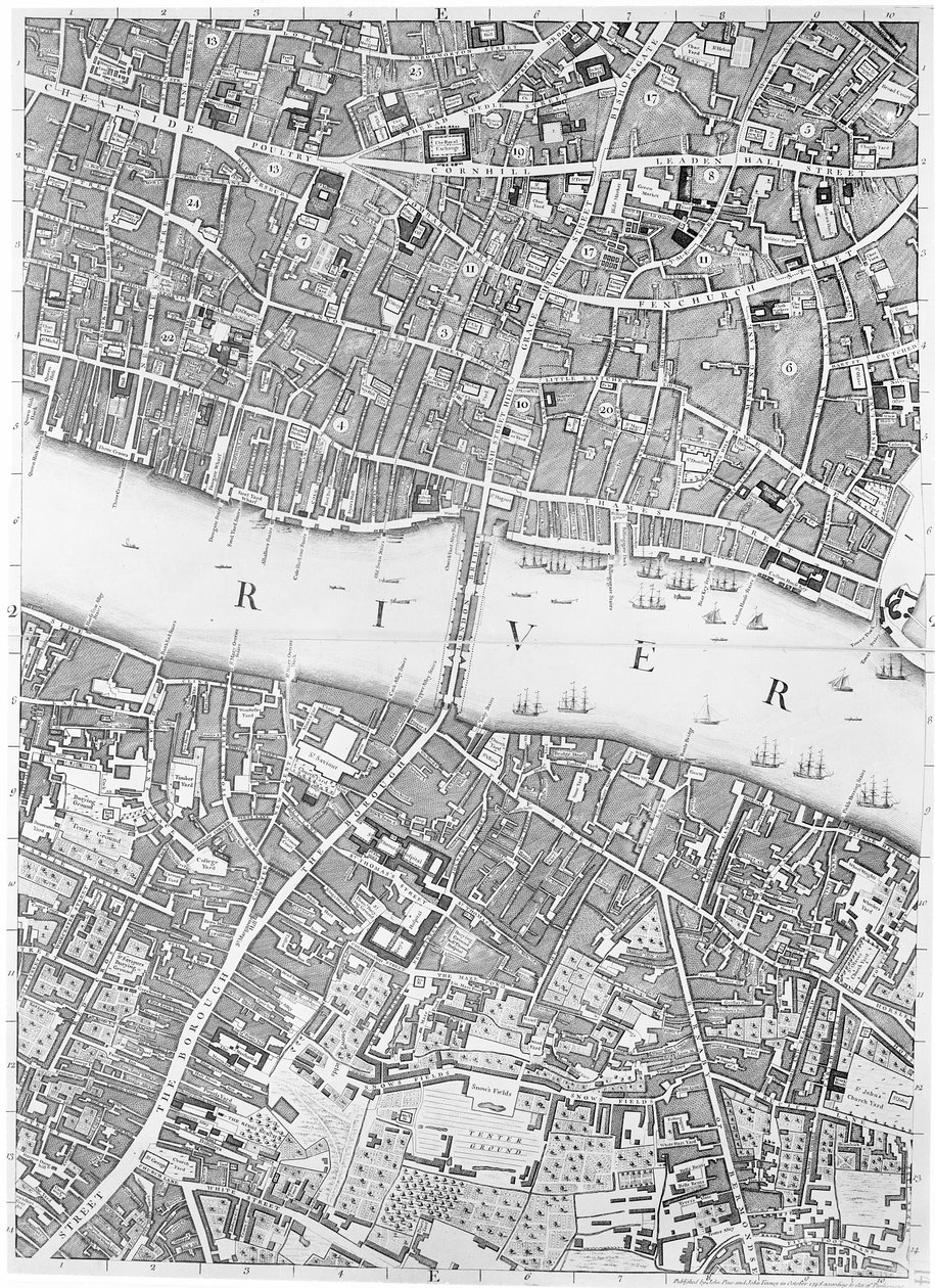 Et kort over Old London Bridge, London, 1746 af John Rocque