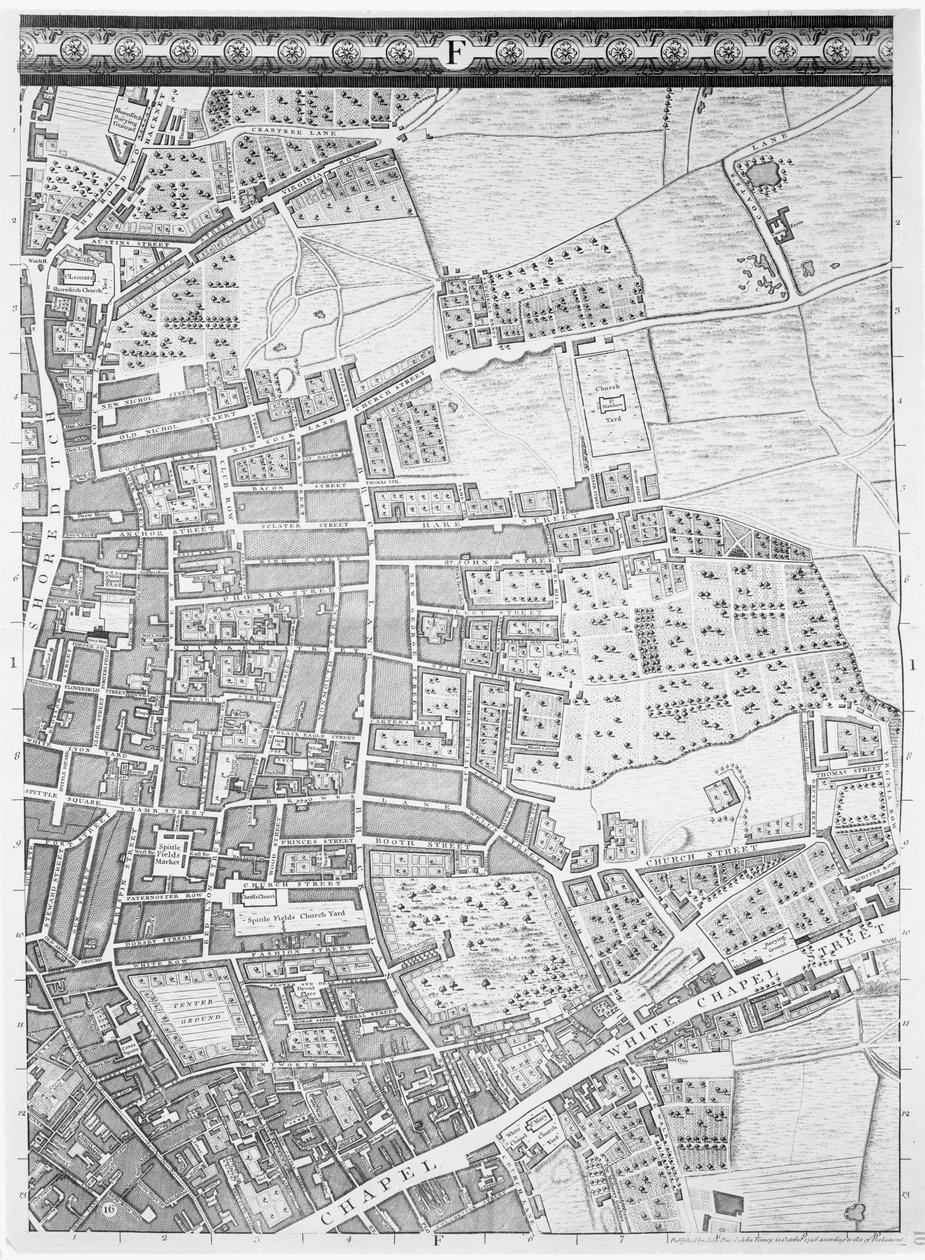 Et kort over Shoreditch og Whitechapel, London, 1746 af John Rocque