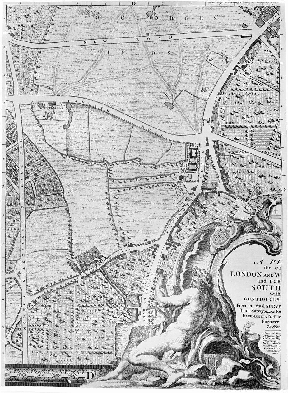 Et kort over St Georges Fields og Newington Butts, London, 1746 af John Rocque