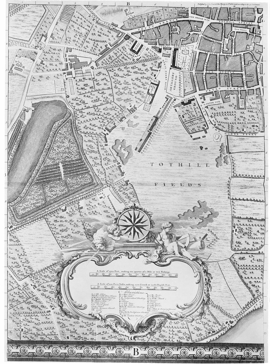 Et kort over Tothill Fields, London, 1746 af John Rocque
