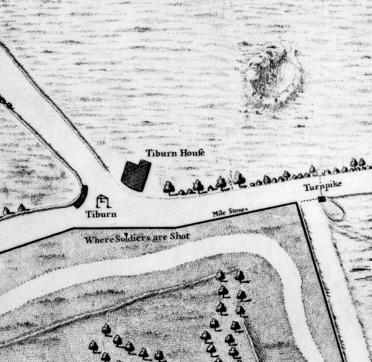 Et kort over Tyburn, 1746 (gravering) (detalje af 438496) af John Rocque