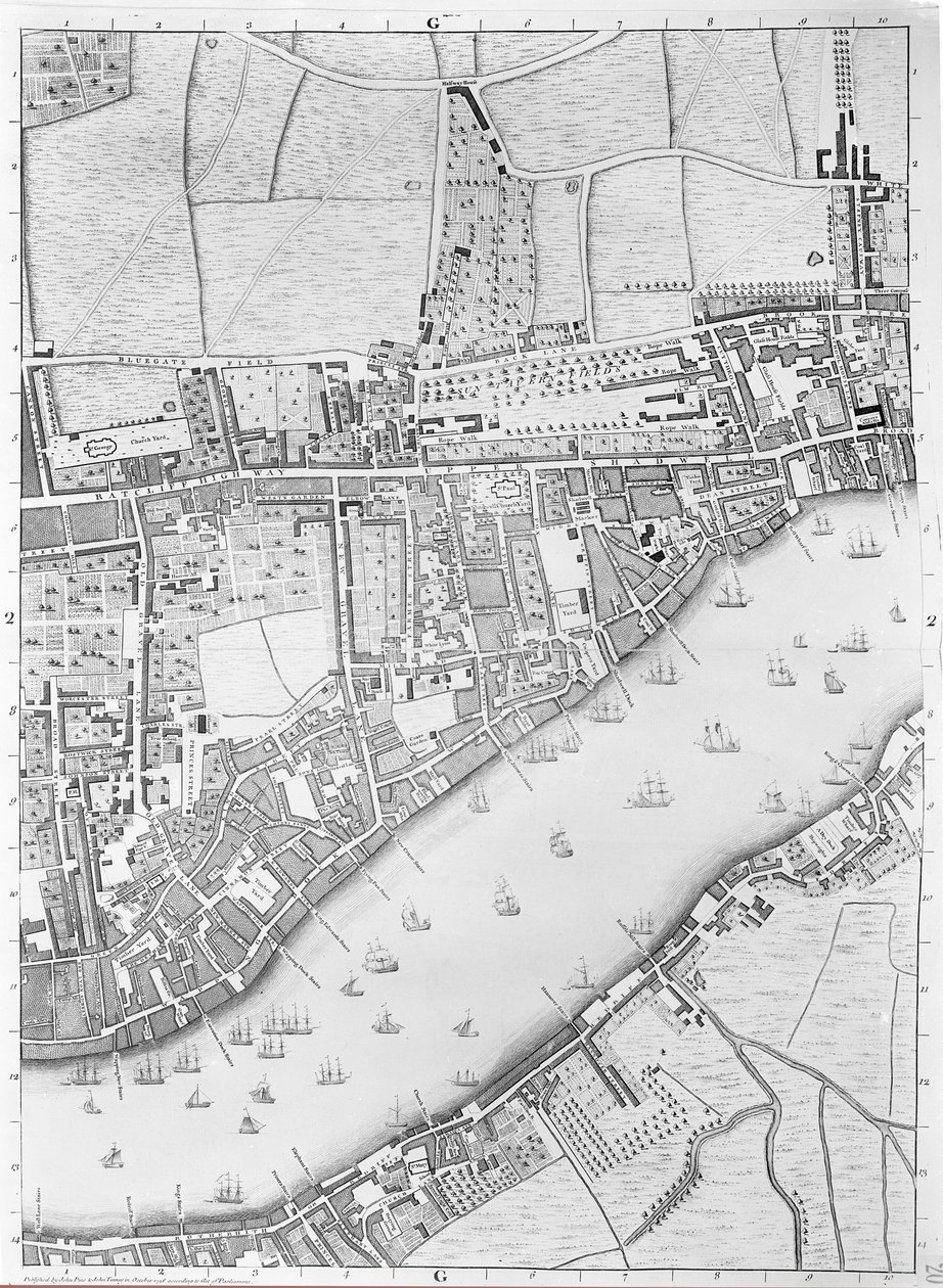 Et kort over Wapping, London, 1746 af John Rocque