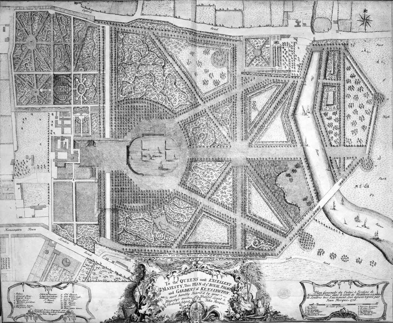 Et kort over Royal Palace and Gardens of Kensington, London, 1736 af John Rocque