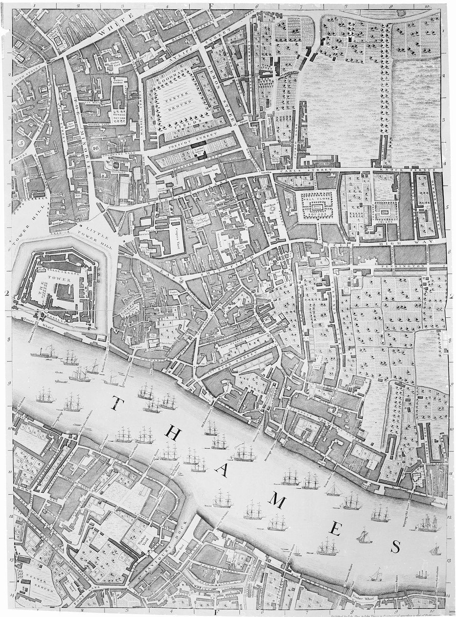 Et kort over Tower of London, 1746 af John Rocque