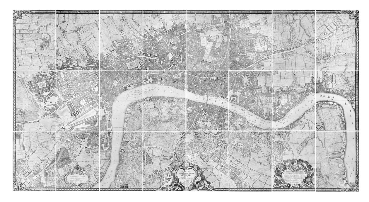 En plan over byerne London og Westminster og bydelen Southwark, 1746 af John Rocque