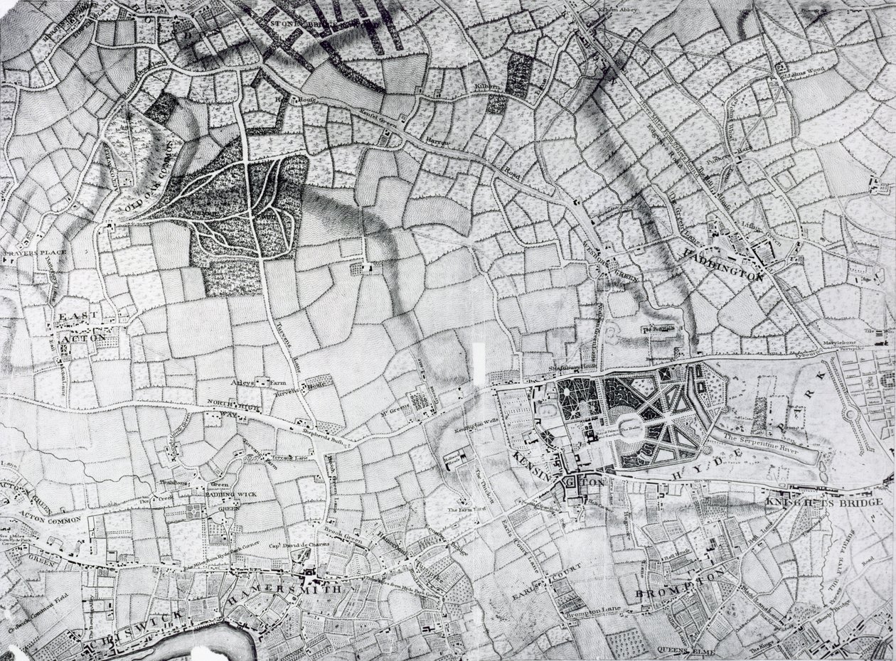 Et udsnit af et ark fra undersøgelsen af London og dets omegn, 1741-5, pub. 1769 af John Rocque