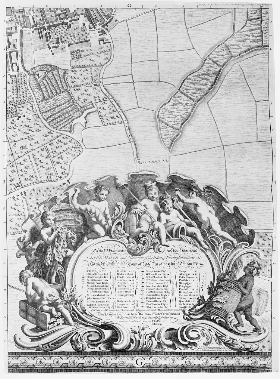 Inskription fra Rocques kort over London, der viser byens rådmænd og deres områder, 1746 af John Rocque