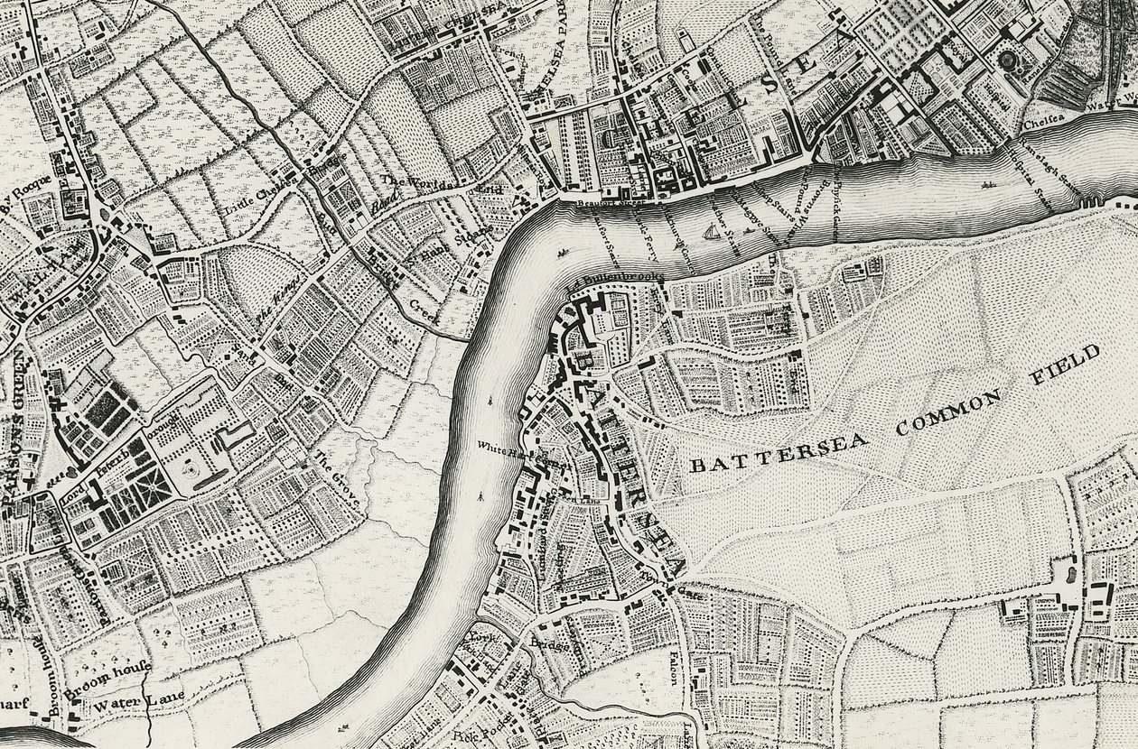 Kort over Battersea & Chelsea, 1748 af John Rocque