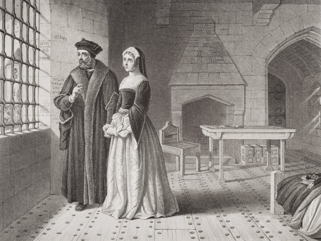 Sir Thomas More (1477-1535) og hans datter Margaret, der observerer munke på vej til henrettelse fra sit fængselsvindue, fra 