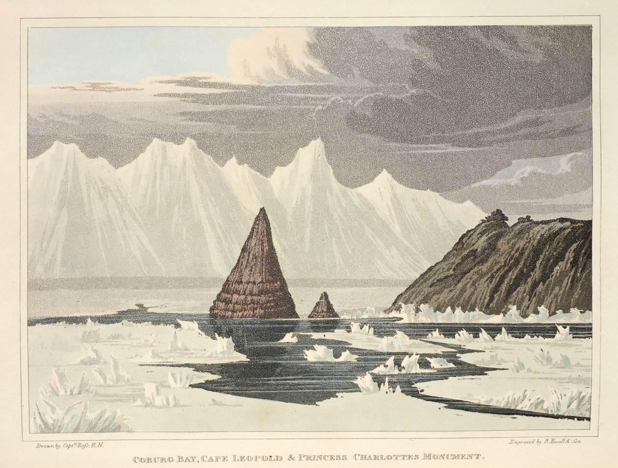 Coburg Bay, Cape Leopold og Princess Charlotte Monument, illustration fra "A Voyage of discovery...", 1819 (håndkoloreret gravering) af John Ross