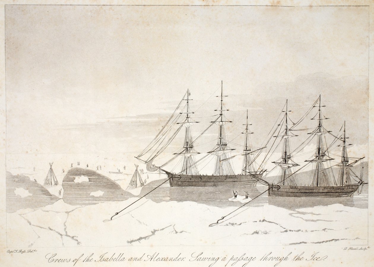Besætninger på Isabella og Alexander saver en passage gennem isen, illustration fra 