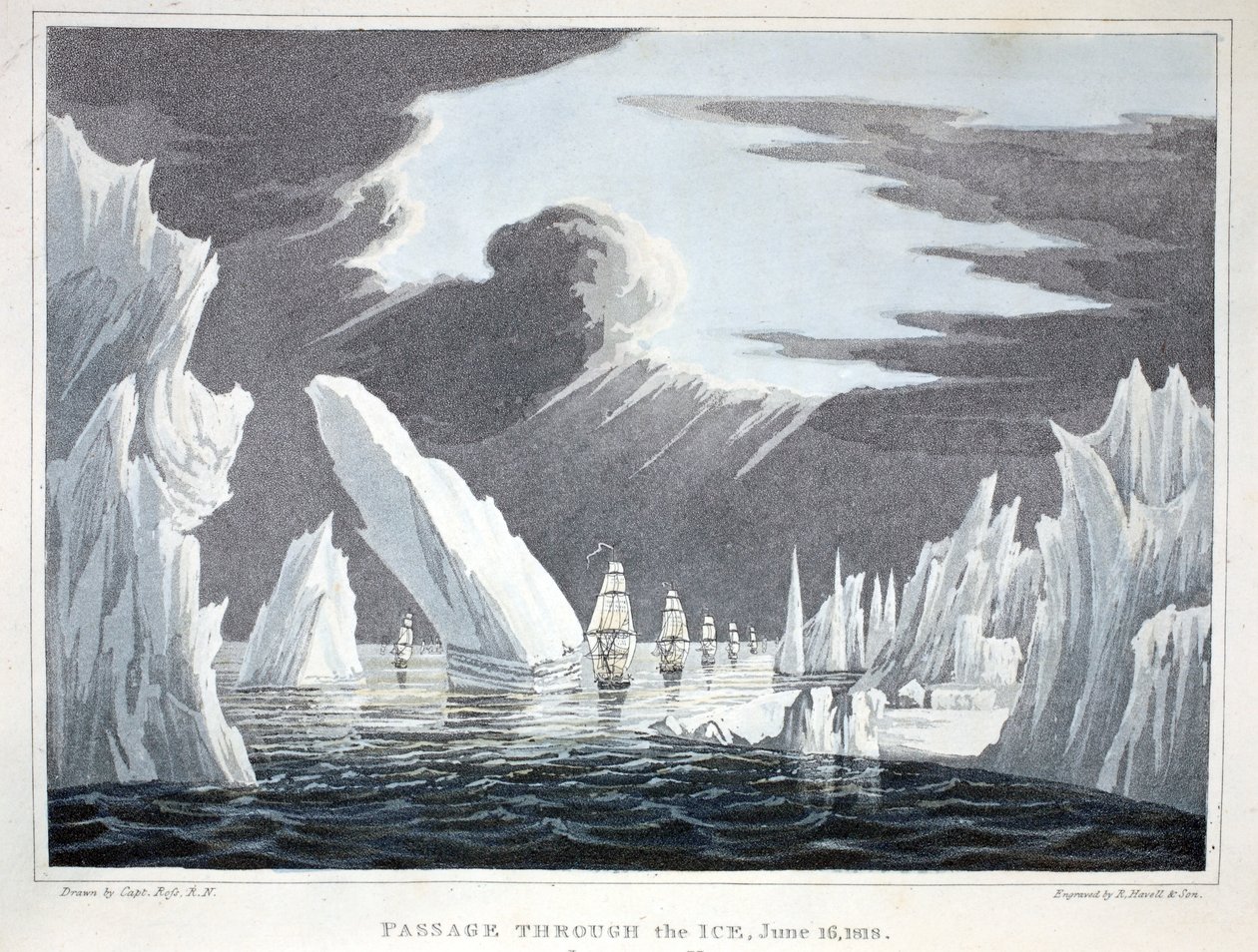 Passage gennem isen, 16. juni 1818, illustration fra "A Voyage of discovery...", 1819 af John Ross