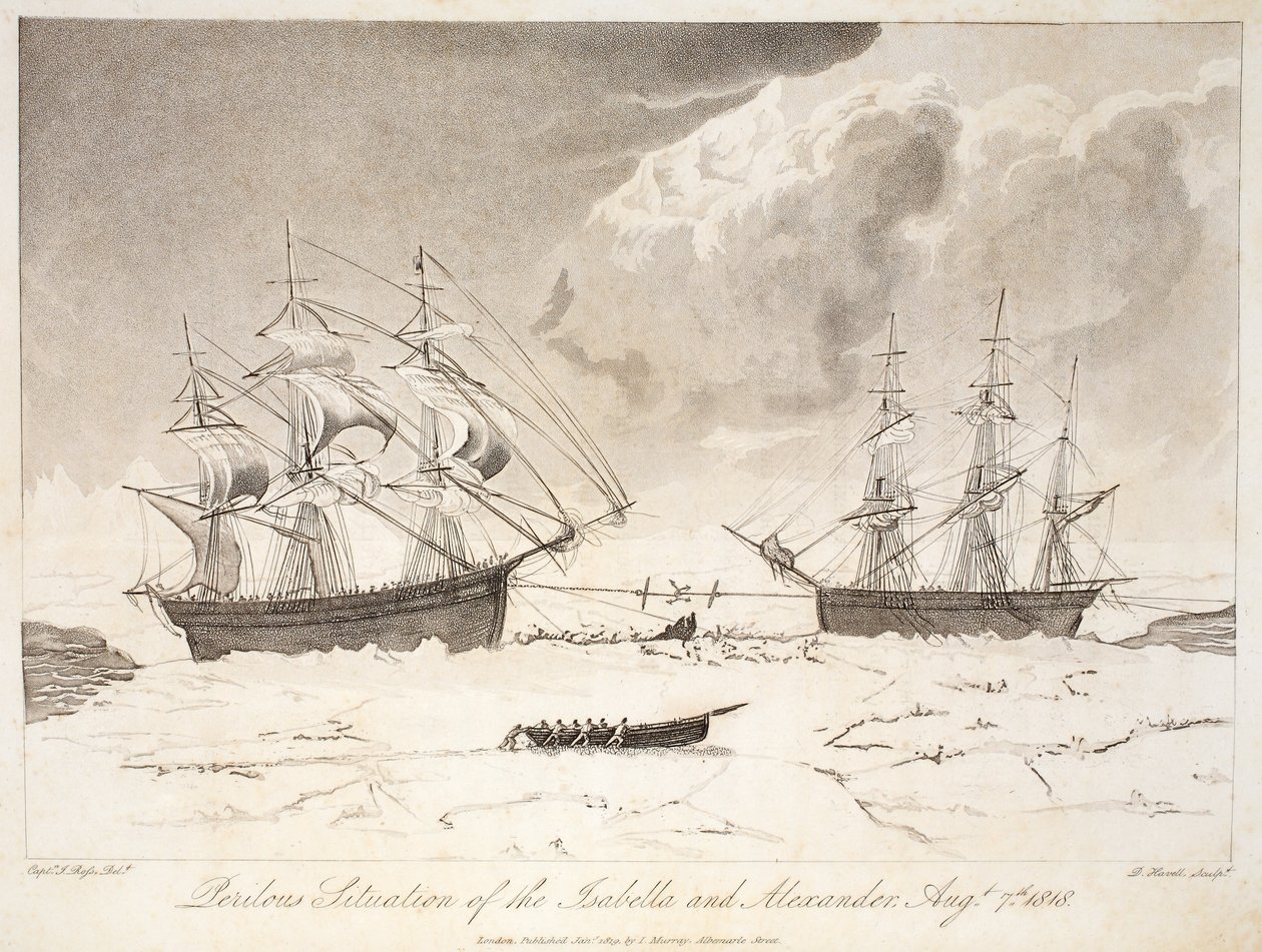 Isabella og Alexanders farlige situation, 7. august 1818, illustration fra "A Voyage of discovery...", 1819 (håndkoloreret stik) af John Ross