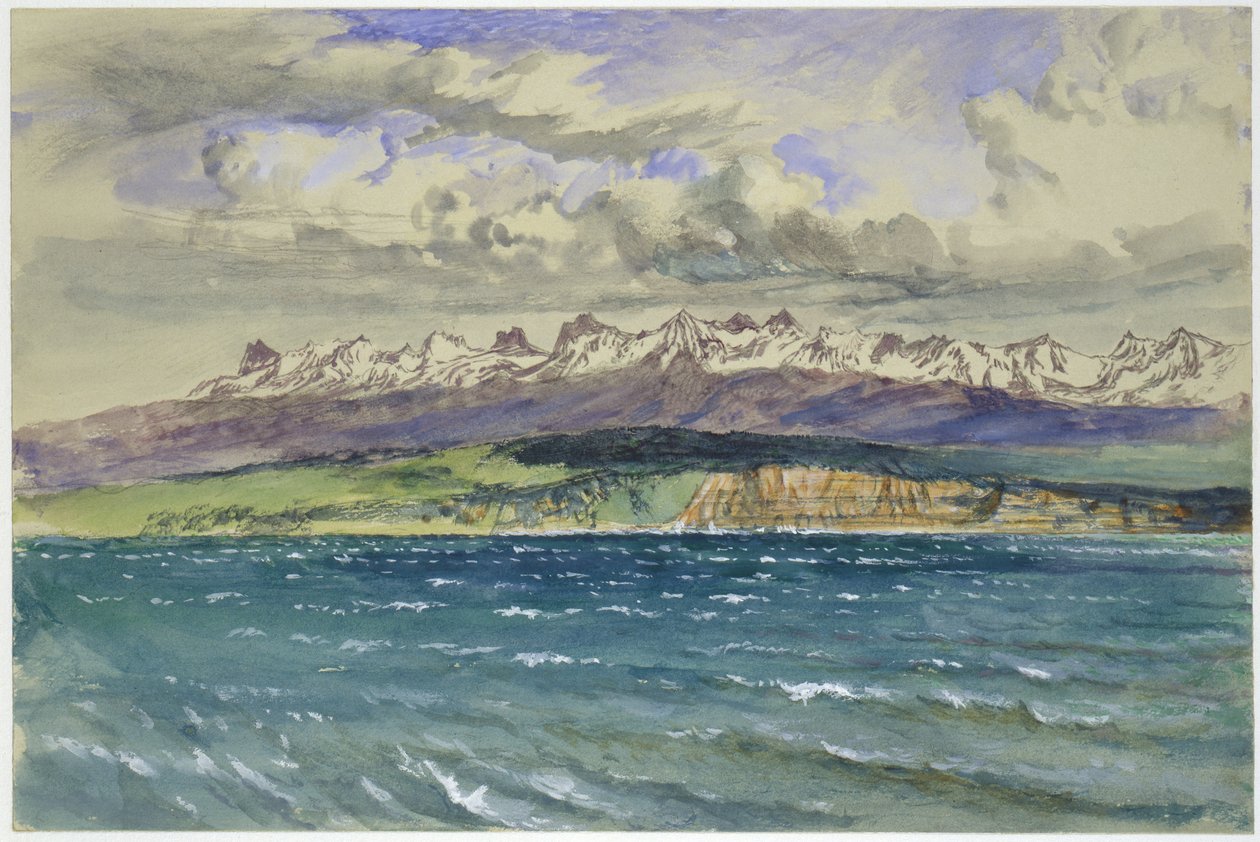 Eftermiddag om foråret, med sydlig vind, i Neuchâtel, 30. april 1869 (akvarel og kropsfarve over grafit på bleggråt vævet papir) af John Ruskin