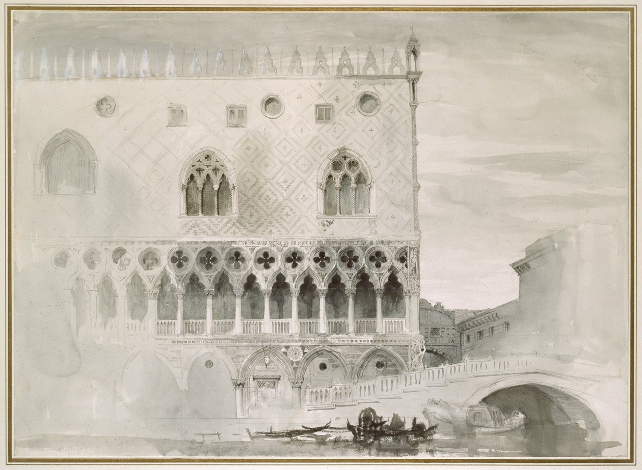 Ydre af Ducal Palace, Venedig, 1800-tallet (pen, blæk og vask på papir) af John Ruskin