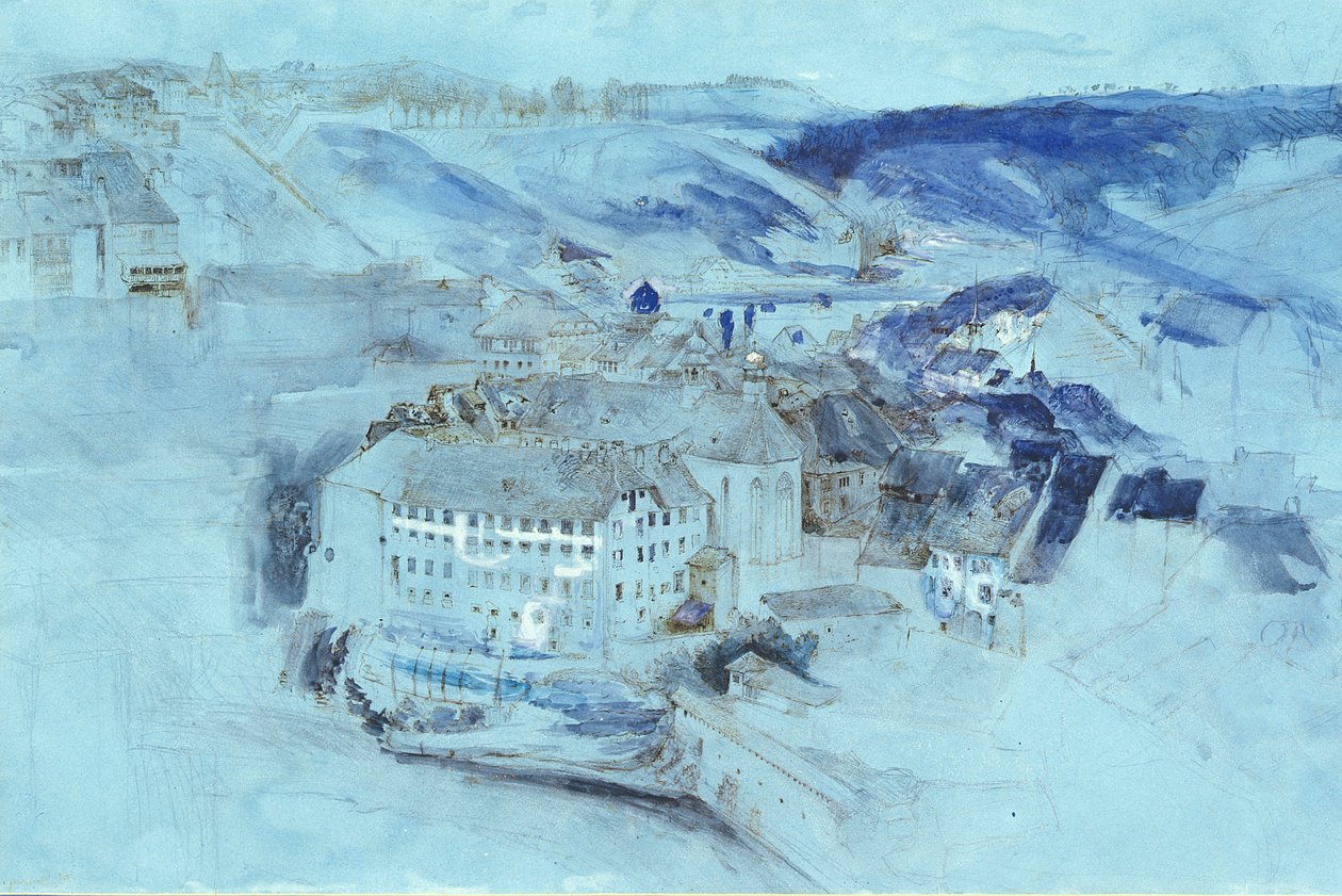 Fribourg (wc og gouache på blåt papir) af John Ruskin