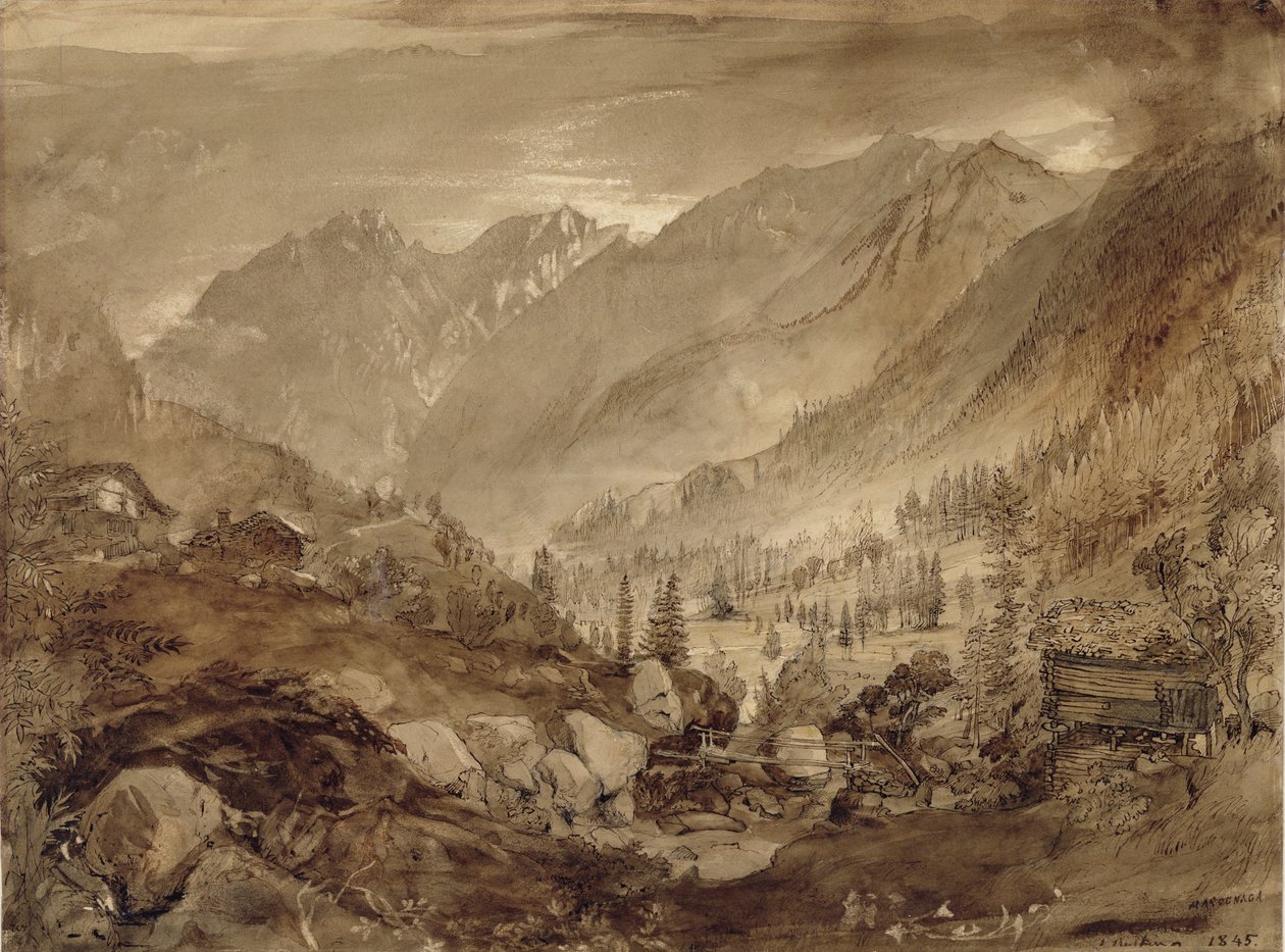 Mountain Landscape, Macugnaga, 1845 (pen og brunt blæk og vask over blyant på papir) af John Ruskin