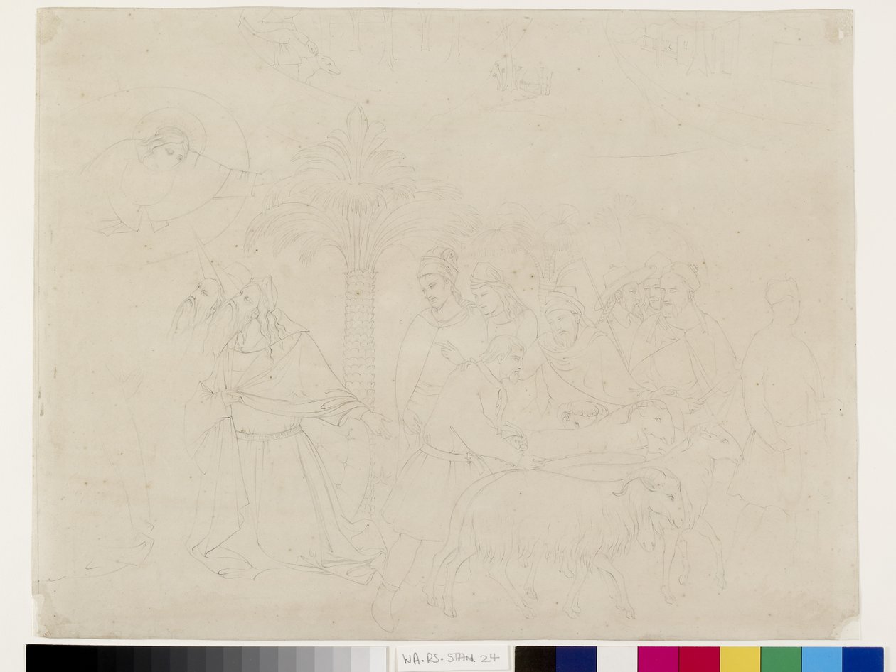 Blyantskitse af en del af Freskoen af Jobs venner i Camposanto, Pisa, tilskrevet Taddeo Gaddi, 14.-16. maj 1845 (grafit på papir) af John Ruskin
