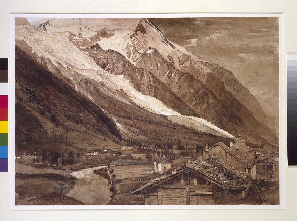 Recto: The Glacier des Bossons, Chamonix, juni 1849 (pen og vask i sepia blæk og kropsfarve, over grafit på vævet papir) af John Ruskin
