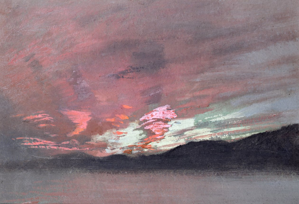 Stormfuld solnedgang fra Brantwood, Ruskins hjem i Cumbria (gouache) af John Ruskin
