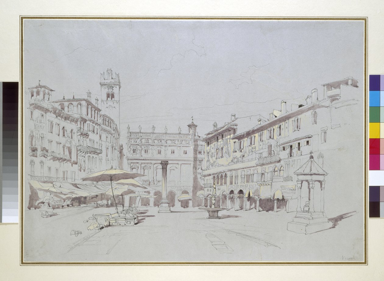 Study for Detail of the Piazza delle Erbe, Verona, 19. maj 1841 grafit med akvarel og kropsfarve på gråt papir af John Ruskin
