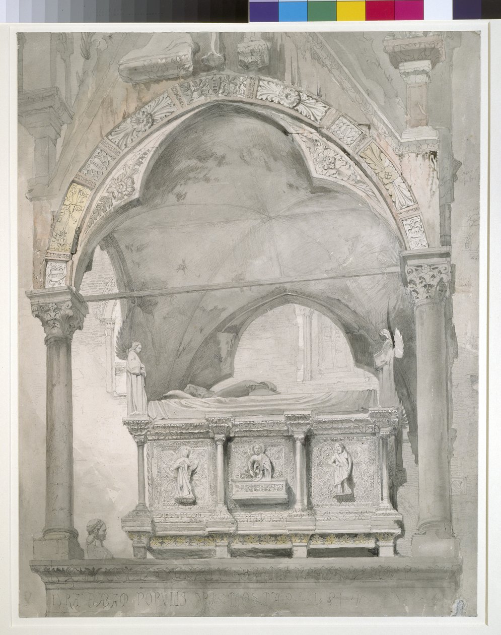 Undersøgelse for detaljer af sarkofagen og baldakinen af Mastino II della Scalas grav i Verona, 1852 grafit og akvarel på vævet papir af John Ruskin