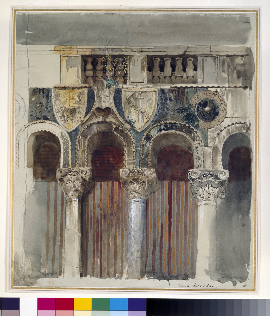 Studie af marmorindlægningen på forsiden af Casa Loredan, Venedig, september - oktober 1845 (akvarel, kropsfarve og pen og blæk over grafit på bleggråt vævet papir) af John Ruskin