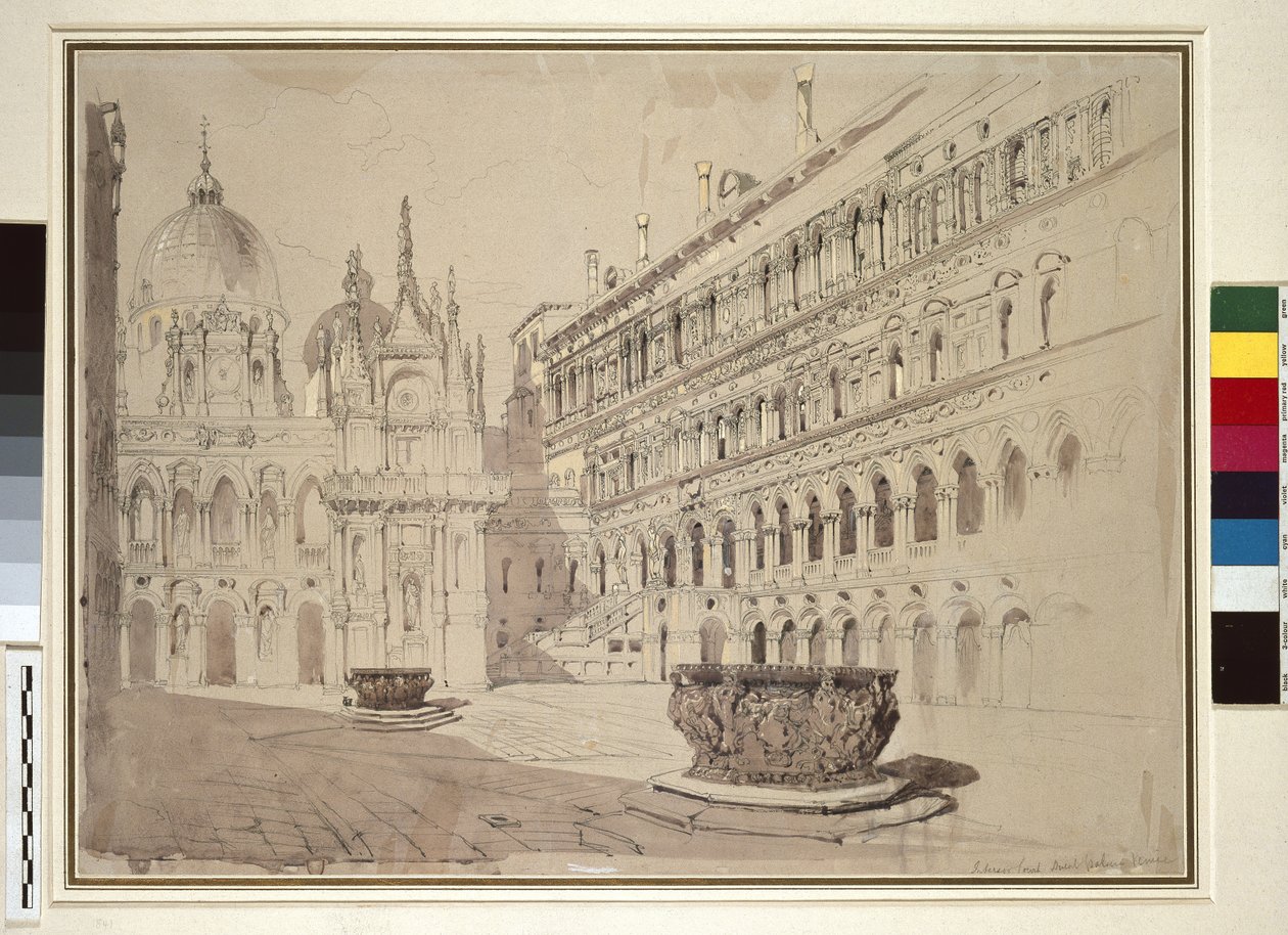 Court of the Ducal Palace, Venedig, maj 1841 (grafit, akvarel, kropsfarve og pen og blæk på bleggråt vævet papir) af John Ruskin
