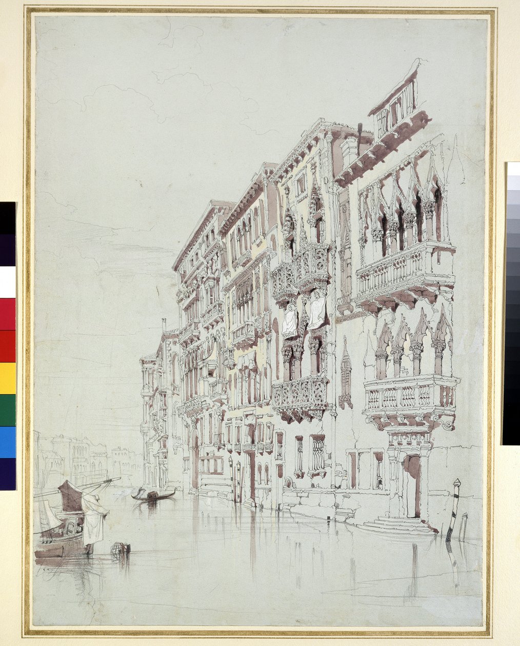 Palazzo Contarini-Fasan, Venedig, 6. - 16. maj 1841 (grafit, akvarel og kropsfarve, med nogle ridser ud, på gråt papir) af John Ruskin