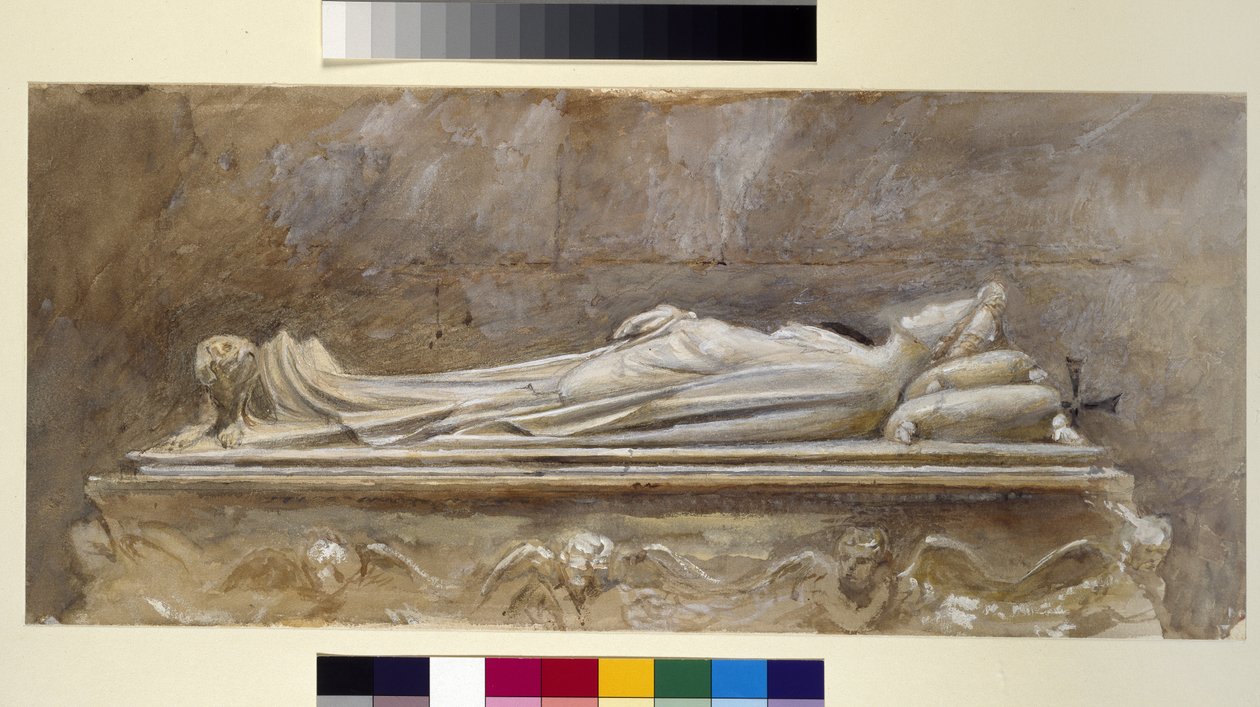 Ilaria del Carrettos grav i Duomo, Lucca, 10. august - 26. september 1874 (akvarel og kropsfarve over grafit på papir, nogle linjer regerede) af John Ruskin