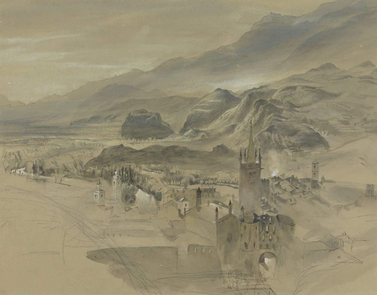 d Udsigt over Sion, Valais, fra Chateau de Valere, ca. 1863 (wc og kropsfarve over grafit på papir) af John Ruskin