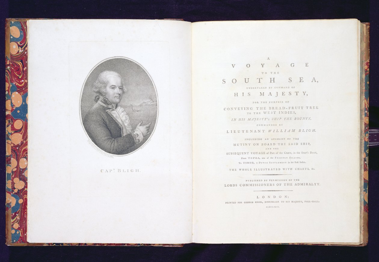 Frontispice og titelblad af "A Voyage to the South Sea Undertaken by Command of His Majesty, for the Purpose of Conveing the Bread-Fruit Tree to the West Indies in his Majesty