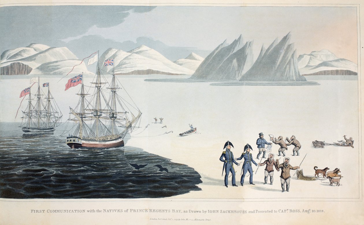 Første kommunikation med de indfødte i Regents Bay den 10. august 1818, illustration fra A Voyage of Discovery..., 1819 farve litho af John Sackhouse