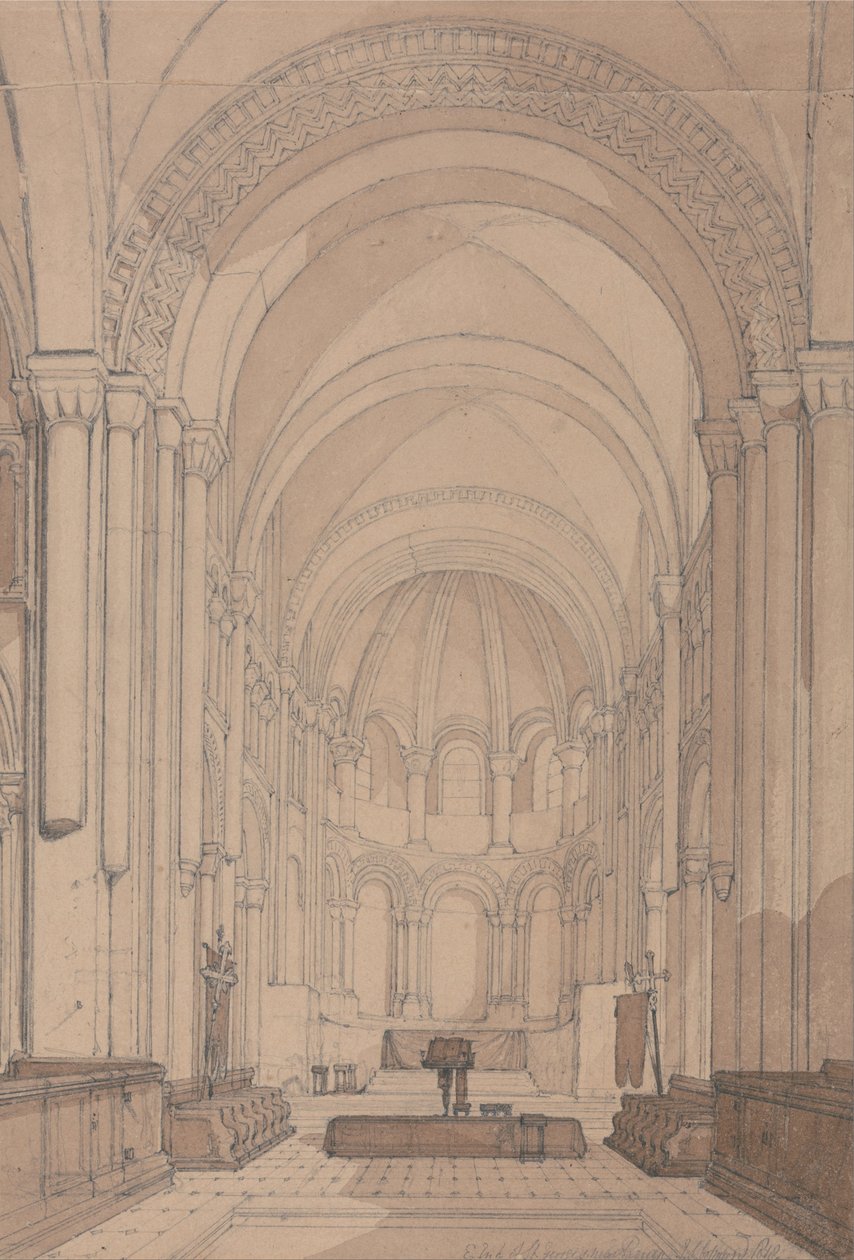 East End af Abbey Church of Saint Georges de Boscherville, nær Rouen, Normandiet af John Sell Cotman