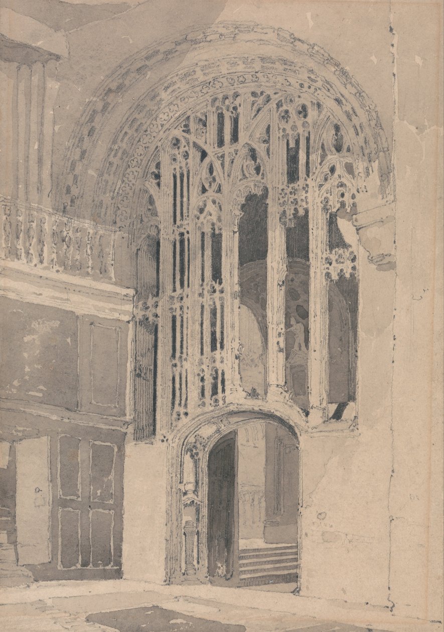 Interiør i Norwich-katedralen- døråbning og skærm mellem sydtranseptet og gangen i Pr ... af John Sell Cotman