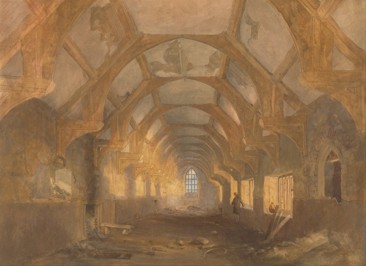 Interiør i en sovesal for Ipswich Blackfriars i slutningen af dens besættelsesperiode af Ipswich ... af John Sell Cotman