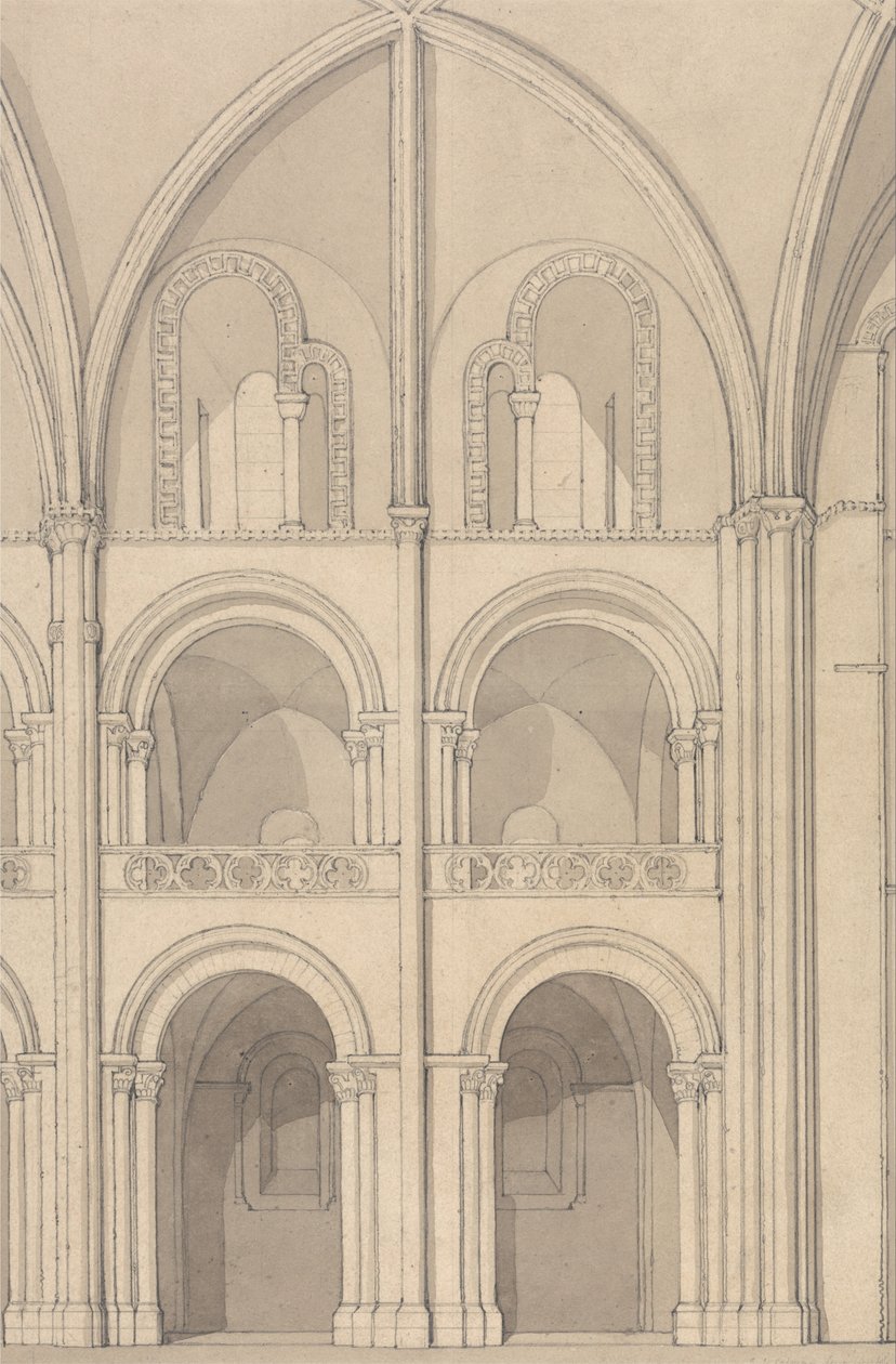 Perspektiv forhøjelse af en del af Abbey Church of Saint Stephen i Caen, Normandiet af John Sell Cotman