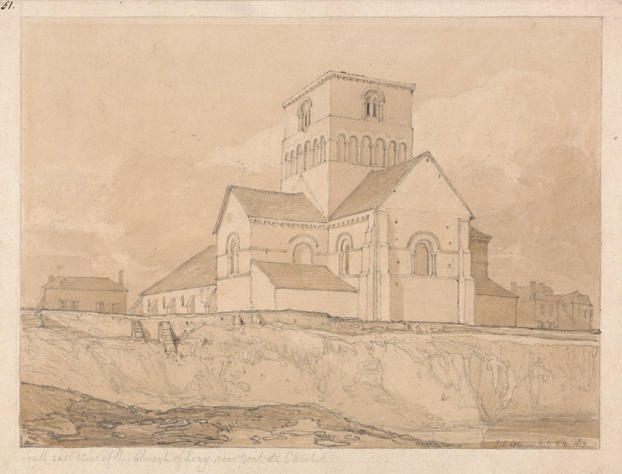 Sydøstlig udsigt over kirken Lery, nær Pont-de-lArche, Normandiet af John Sell Cotman